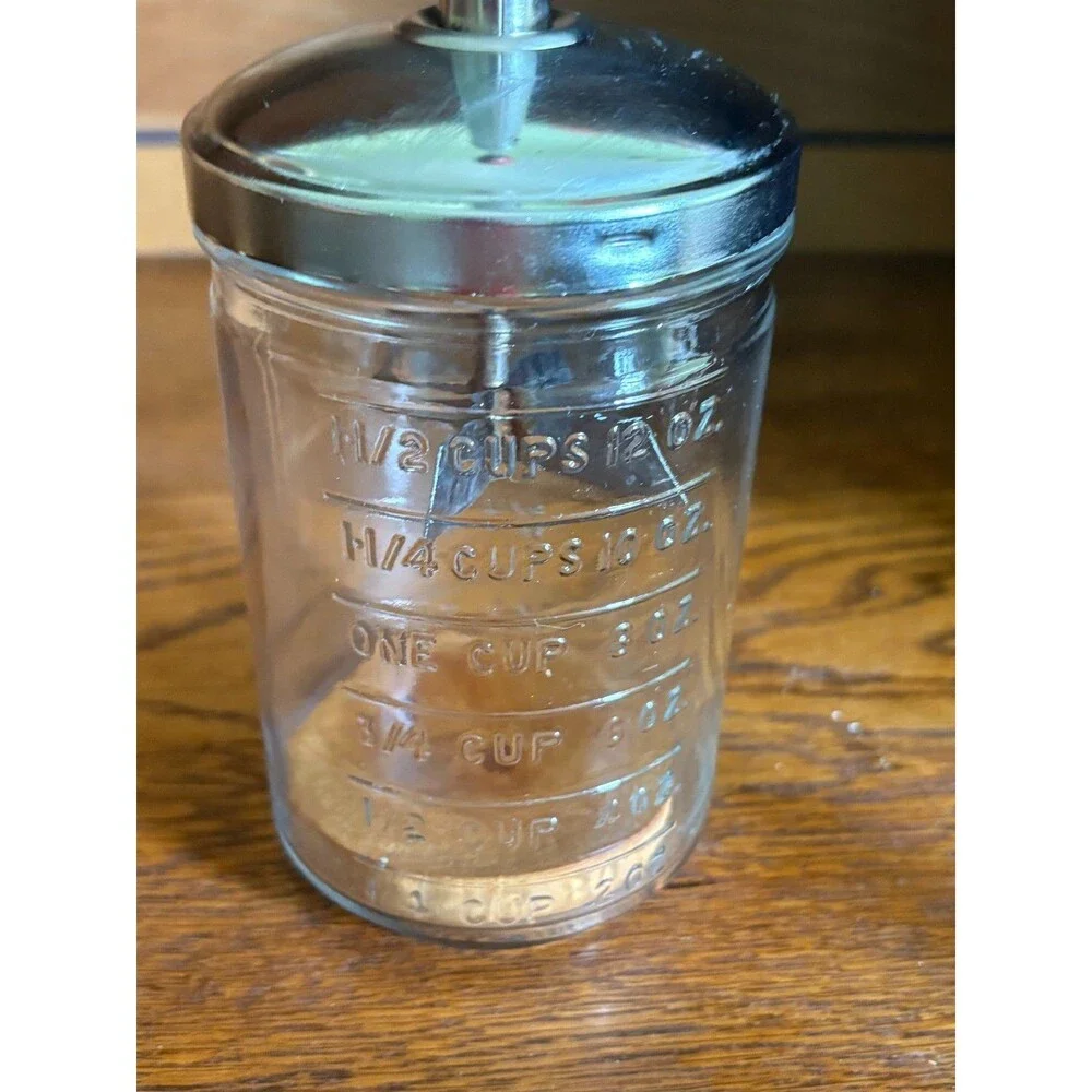 Vintage Hazel Atlas Nut Food Chopper Glass Measure Red Wood Knob Manual